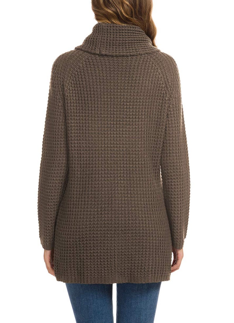 GRECERELLE Women's Fall Chunky Turtleneck Long Sleeve Asymmetric Hem Loose Knit Pullover Sweaters Tops, Dark Khaki, S - Image 4